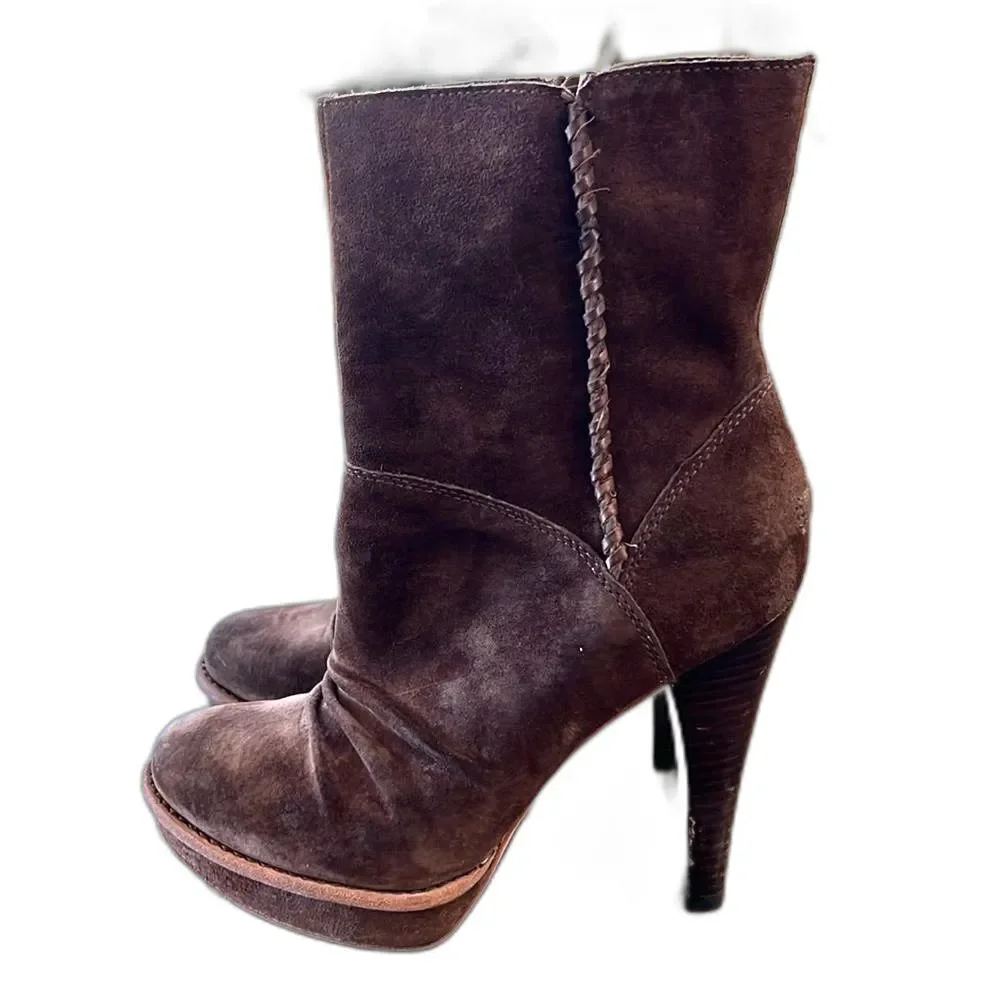 UGG Bianca Platform Heel Boots Brown Suede Shearling Lined Women 7.5 EU 38.5
